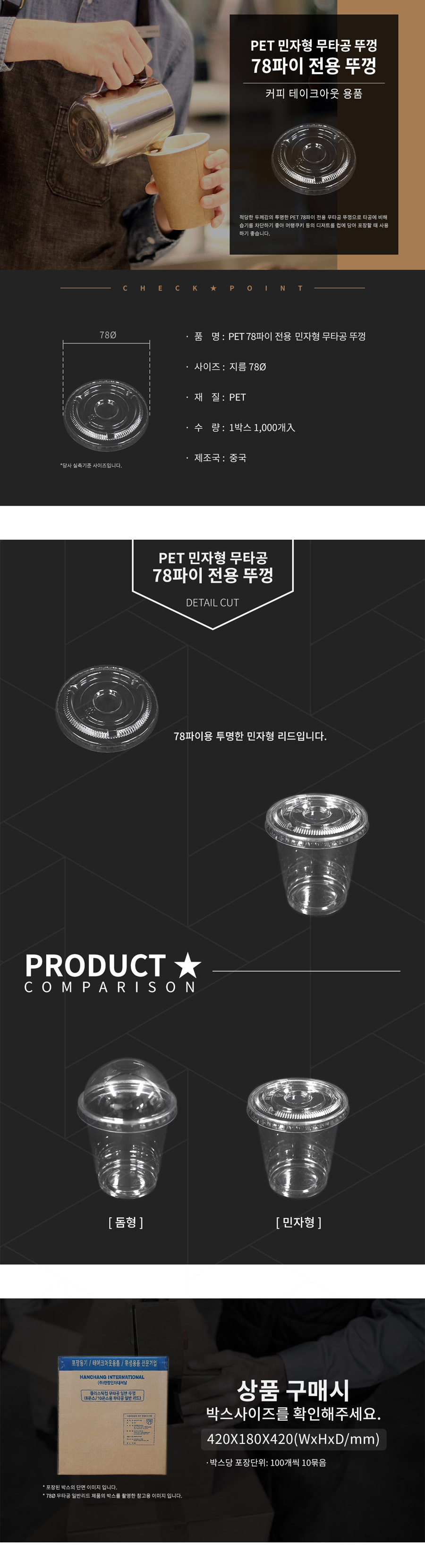 PET 민자형 무타공 뚜껑 78파이 전용 수입